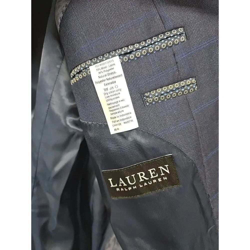 Lauren Ralph Lauren Black Label Blazer Mens‎ 46R Wool Blend Window Pane Navy